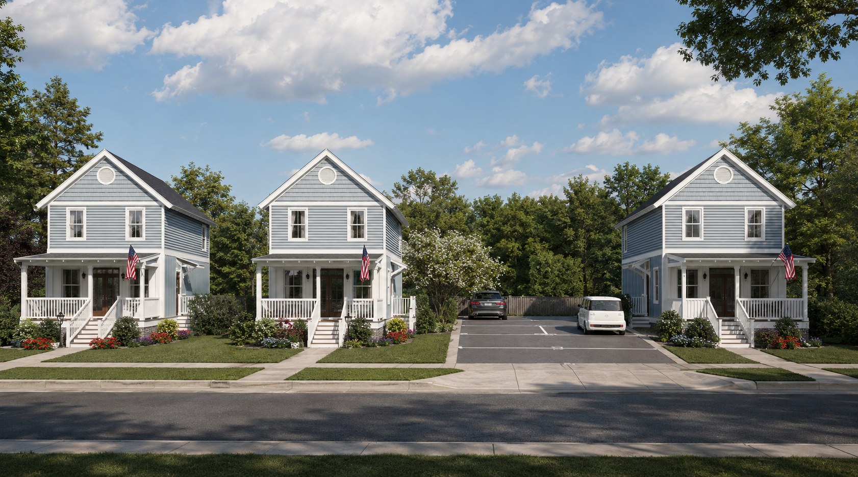 Rendering of the three Foley Cottages homes with central parking area